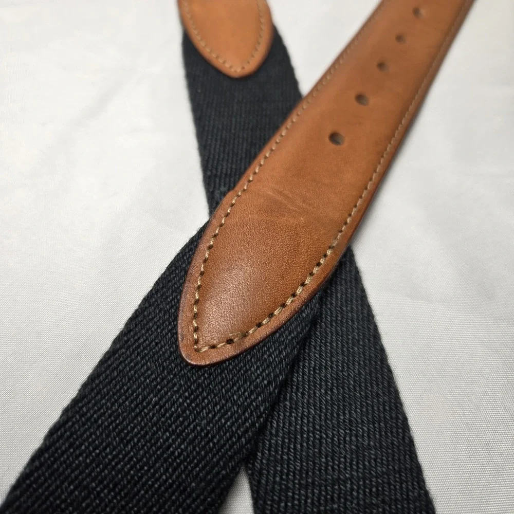 Woven Leather Brass Buckle Belt Black Leather Ends Mens 40 Preppy Office Classic